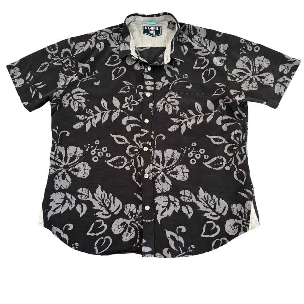 Seapointe XL Black Floral Hibiscus Tropical Short Sleeve Button Down Mens Shirt - Picture 2 of 11